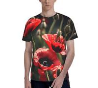 EWQrtyy Beau T-shirt à manches courtes pour homme, coupe moderne, tissu extensible doux, col rond, motif coquelicot rouge, Noir , L