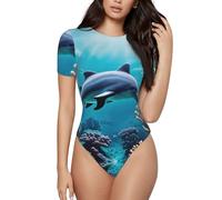 EWQrtyy Beautiful Underwater World Dolphins Coral Women Round Neck Short Sleeve Slim Fit Casual Basic Extender Body, Noir , L