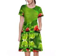 EWQrtyy Funny Ladybug tenant des parapluies, robe à manches courtes pour femme avec poches, jupe trapèze fluide, taille élastique, ensemble pour femme, Noir , M