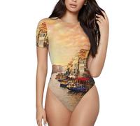 EWQrtyy Magnifique body extensible décontracté à col rond et manches courtes pour femme avec vue sur le canal de Venise, Noir , L