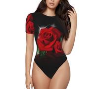 EWQrtyy Red Roses Body extensible à col rond et manches courtes pour femme Coupe ajustée, Noir , L