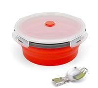 Ewrap Bol de camping rond pliable de 1200 ml - Récipient de stockage alimentaire portable en silicone avec couvercle et cuillère pliable 2 en 1 - Passe au congélateur et au micro-ondes - Rouge