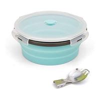 Ewrap Bol de camping rond pliable de 1200 ml - Récipient de stockage alimentaire portable en silicone avec couvercle et cuillère pliable 2 en 1 - congélateur et micro-ondes - Bleu