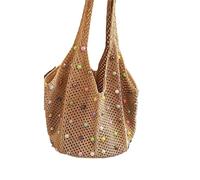 EWUHYFP Sac à Main Ajouré Tissé Sac fourre-tout décontracté de plage au Crochet, creux avec perles colorées tricotées à la main, grande capacité(Khaki)