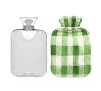 Ewusp Bouillotte à carreaux verts et blancs avec housse, 1 L pour soulager les douleurs au cou, aux épaules, crampes menstruelles, chauffe-mains et pieds, compression chaude et thérapie par le froid