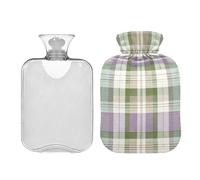 Ewusp Bouillotte à carreaux verts et blancs avec housse, 1 L pour soulager les douleurs au cou, aux épaules, crampes menstruelles, chauffe-mains et pieds, compression chaude et thérapie par le froid