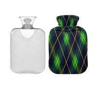 Ewusp Bouillotte bleu foncé à carreaux vert avec housse, 1 L pour soulager les douleurs au cou, aux épaules, crampes menstruelles, chauffe-mains et pieds, compression chaude et thérapie par le froid