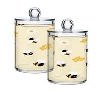 Ewusp Bumblebee Daisy Qtip Lot de 2 pots d'apothicaire en plastique transparent avec couvercle Distributeur de cotons-tiges pour salle de bain et maquillage