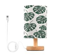 Ewusp Lampe de chevet en feuilles de palmier pour chambre à coucher, ports de charge USB C, lampe de chevet LED, lampe de lecture de bureau, base en bois, abat-jour en tissu pour chambre d'enfant