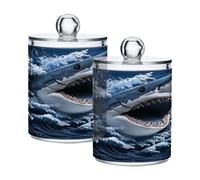 Ewusp Lot de 2 pots d'apothicaire en plastique transparent avec couvercle en forme de requin - Distributeur de cotons-tiges - Boîte de rangement pour salle de bain et maquillage