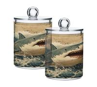 Ewusp Lot de 2 pots d'apothicaire en plastique transparent avec couvercle en forme de requin - Distributeur de cotons-tiges - Boîte de rangement pour salle de bain et maquillage