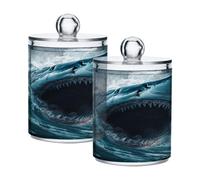 Ewusp Lot de 2 pots d'apothicaire en plastique transparent avec couvercle en forme de requin - Distributeur de cotons-tiges - Boîte de rangement pour salle de bain et maquillage
