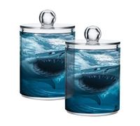 Ewusp Lot de 2 pots d'apothicaire en plastique transparent avec couvercle en forme de requin - Distributeur de cotons-tiges - Boîte de rangement pour salle de bain et maquillage