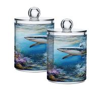 Ewusp Lot de 2 pots d'apothicaire en plastique transparent avec couvercle en forme de requin pour coton-tiges
