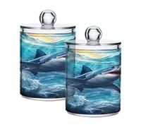 Ewusp Lot de 2 pots d'apothicaire en plastique transparent avec couvercle en forme de requin pour coton-tiges