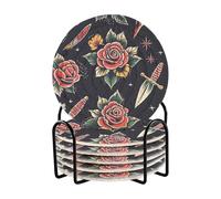 Ewusp Old School Lot de 6 dessous de verre tissés absorbants avec support pour boissons résistants à la chaleur pour protection de table basse de bar