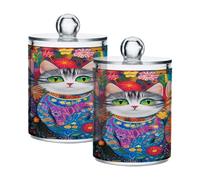 Ewusp Pretty Cats Qtip Lot de 2 pots d'apothicaire en plastique transparent avec couvercle pour coton-tiges