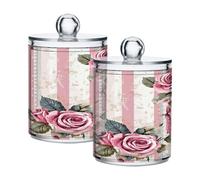 Ewusp Qtip Lot de 2 pots d'apothicaire en plastique transparent avec couvercle Motif à pois et roses