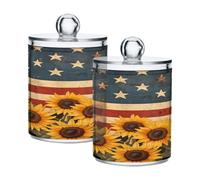 Ewusp Qtip Lot de 2 pots d'apothicaire en plastique transparent avec couvercle Motif drapeau national et tournesols