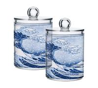 Ewusp Sea Waves Qtip Lot de 2 pots d'apothicaire en plastique transparent avec couvercle pour cotons-tiges