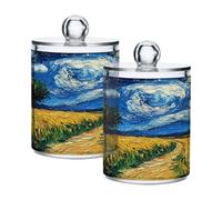 Ewusp Van Gogh's Fields Qtip Lot de 2 pots d'apothicaire en plastique transparent avec couvercle pour cotons-tiges, salle de bain, organisateur de maquillage