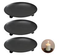 Ewwtrey 3 Pièces Support Bougies, Bougeoirs, Bougeoir de Bougie, Bougeoir Plat Metal, Plaques de Bougie, Plaque de Bougie Noir, Bougeoir de Pilier Rétro Rond pour Maison Fête Décoration