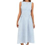 EWYRJYH Robe à Rayures, Col Bateau, sans Manches, Taille Cintrée, Coupe Trapèze, Jupe Mi-Longue, Idéale pour Un Look Décontracté et Les Vacances(Sky Blue,XX-Large)
