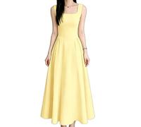 EWYRJYH Robe De Soirée Plissée à Encolure Carrée, Taille Drapée, Jupe Évasée Fluide, Bretelles à Nouer, pour Les Bals De Fin D'année et Les Dîners De Gala(Yellow,S)