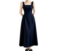 EWYRJYH Robe De Soirée Plissée à Encolure Carrée, Taille Drapée, Jupe Évasée Fluide, Bretelles à Nouer, pour Les Bals De Fin D'année et Les Dîners De Gala(Dark Blue,S)