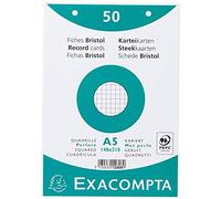 Exacompta Fiches bristol Réf.12608E – Paquet 50 quadrillées 5×5 perforées 148×210 mm blanc