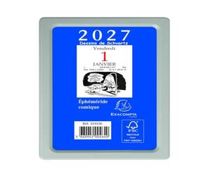 Exacompta - Bloc éphéméride comique 6,5x9,7cm sur plaque Bleu - 2027 | A effeuiller chaque jour, Boitier plastique, Carte perforée pour fixation murale, Fabriqué en France