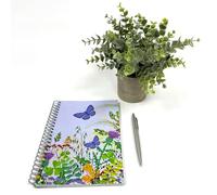 Exacompta - Cahier à spirales avec couverture motif fleurs et papillons, 100 pages lignées, format A5 avec le même motif que la couverture sur chaque page en gris clair, reliure double spirale