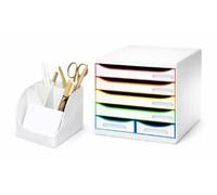 Exacompta Pack BIG-BOX MAXI Caisson 6 Tiroirs A4+ Blanc/Arlequin en Plastique Recyclé + Pot à Crayon Blanc