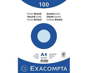 Exacompta - Réf. 10316E - Paquet de 100 fiches bristol unies non perforées - sous film - compatibles avec imprimante jet d'encre, laser et photocopieur - format 210 x 297 mm - couleur azur