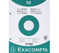 Exacompta - Réf. 10620E - Paquet de 50 fiches bristol quadrillées 5x5 perforées - sous film - compatibles avec imprimante jet d'encre, laser et photocopieur - format 170 x 220 mm - couleur blanc