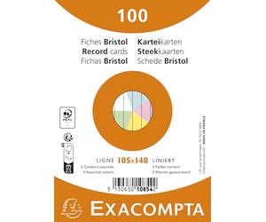 Exacompta - Ref. 10854E - Carton de 20 paquets de 100 fiches bristol ligné non perforées - sous film - compatibles avec imprimante jet d'encre, laser et photocopieur - format 105 x 148 mm - assorties
