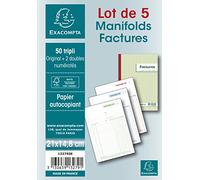 Exacompta - Réf. 13279SE - Lot de 5 manifolds FACTURES - sous film - 50 feuillets numérotés et autocopiants - triplicatas (1 original + 2 copies) - format 210 x 148 mm - fabriqué en France
