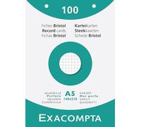 Exacompta - Réf. 13608E - Carton de 10 étuis de 100 fiches bristol quadrillées 5x5 perforées - format 148 x 210 mm - compatibles avec imprimante jet d'encre, laser et photocopieur - couleur blanc