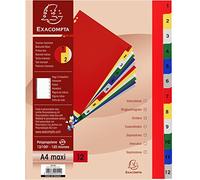 Exacompta - Réf. 2512E - Intercalaires en polypropylène avec 12 onglets imprimés numériques de 1 à 12 en couleur - Page d'indexation imprimable - Format à classer A4 maxi - Dimensions 24,5 x 29,7 cm