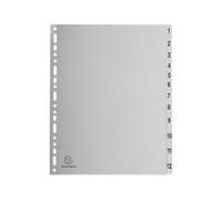 Exacompta - Réf. 2912E - Carton de 10 Intercalaires gris en polypropylène recyclé avec 12 onglets imprimés numériques de 1 à 12 - Format à classer A4 maxi - Dim 24,5 x 29,7 cm - certifiés Ange Bleu