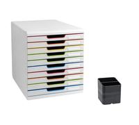 Exacompta - Réf. 302913D - PACK Module de classement Modulo Black Office 10 tiroirs fermés blanc/arlequin - Dimensions extérieures 35 x 28,8 x 32 cm + 1 pot à crayons PEN CUBE Eco black noir 677014D