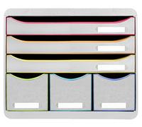 Exacompta - Réf. 306913D - STORE-BOX-Caisson 6 tiroirs, 3 tiroirs pour documents A4+ et 3 tiroirs fins hauts - Dim. extérieures : Profondeur 27 x largeur 35,5 x Hauteur 27,1 cm-Blanc/arlequin