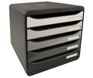 Exacompta - Réf. 3087213D - BIG-BOX PLUS HORIZON - Caisson 5 tiroirs pour documents A4+ - Dimensions extérieures : Profondeur 27 x largeur 35,5 x Hauteur 27,1 cm - Noir/blanc glossy