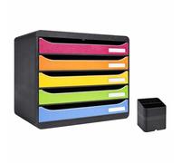 Exacompta - Réf. 308798D - PACK Module de classement Big Box Plus horizon 5 tiroirs Glossy Arlequin - Dimensions extérieures 27 x 35,5 x 27,1 cm + 1 pot à crayons PEN CUBE Eco black noir 677014D