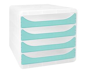 Exacompta - Réf. 310336D - BIG-BOX Chromaline - Caisson 4 tiroirs pour format A4+ - Dimensions extérieures : profondeur 34,70 x largeur 27,80 x hauteur 26,70 cm - Cristal/turquoise translucide