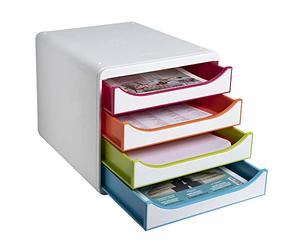 Exacompta - Réf. 310913D - BIG-BOX Black Office - Caisson 4 tiroirs pour format A4+ - Dimensions extérieures : profondeur 34,70 x largeur 27,80 x hauteur 26,70 cm - Blanc/arlequin/blanc