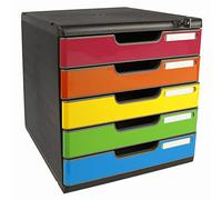 Exacompta - Réf. 331798D - MODULO A4 - Caisson 5 tiroirs avec fermeture à clé pour documents A4+ - Dimensions extérieures : Profondeur 35 x largeur 28,8 x Hauteur 32 cm - Noir/arlequin glossy