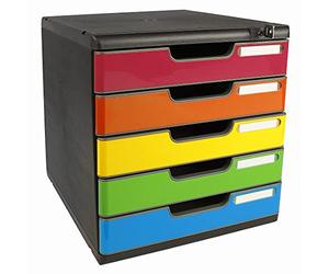 Exacompta - Réf. 331798D - MODULO A4 - Caisson 5 tiroirs avec fermeture à clé pour documents A4+ - Dimensions extérieures : Profondeur 35 x largeur 28,8 x Hauteur 32 cm - Noir/arlequin glossy
