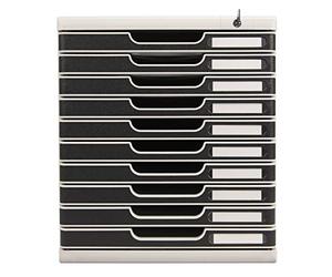 Exacompta - Réf. 332014D - MODULO A4 - Caisson 10 tiroirs avec fermeture à clé pour documents A4+ - Dimensions extérieures : Profondeur 35 x largeur 28,8 x Hauteur 32 cm - Gris lumière/noir