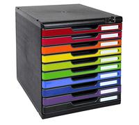 Exacompta - Réf. 332798D - MODULO A4 - Caisson 10 tiroirs avec fermeture à clé pour documents A4+ - Dimensions extérieures : Profondeur 35 x largeur 28,8 x Hauteur 32 cm - Noir/arlequin glossy